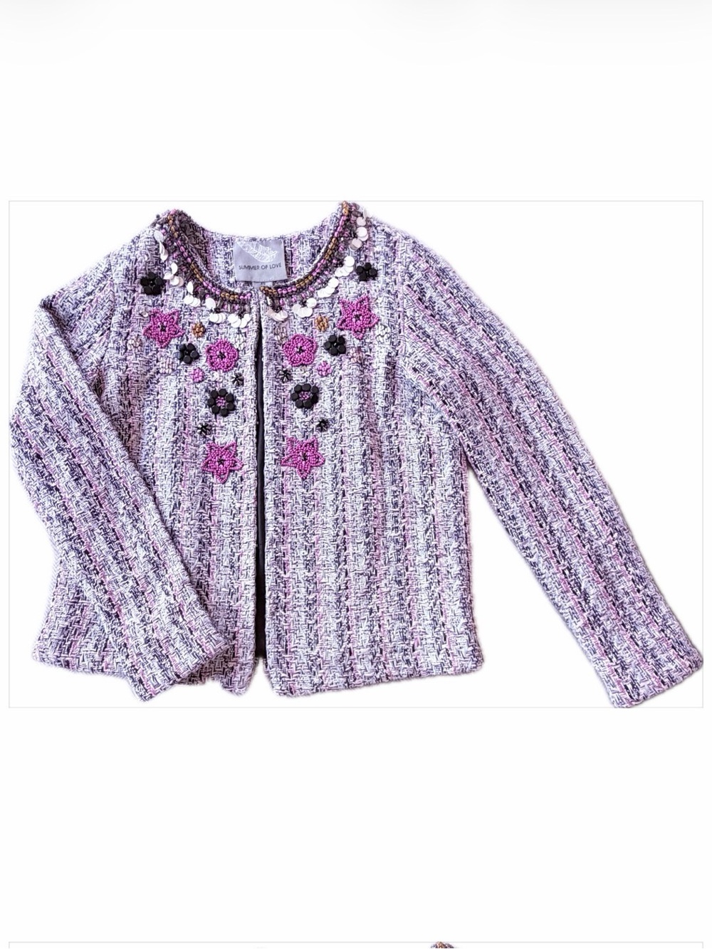 Summer Of Love Anthropologie Embellished Tweed Jacket - Pink & White